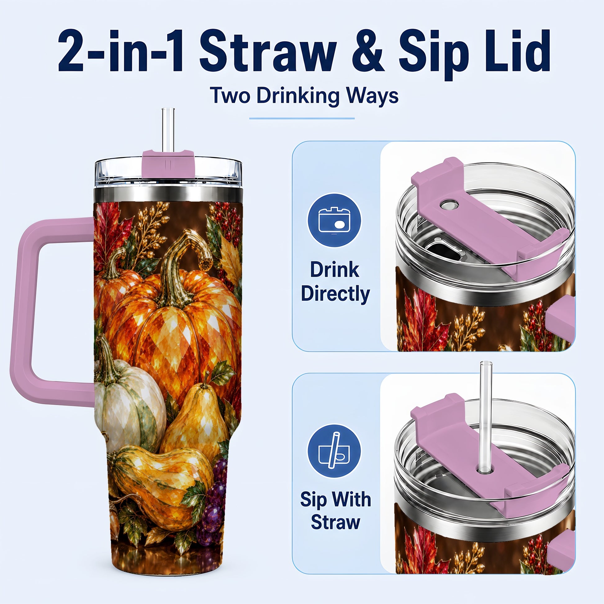 #pl[40oz|Pink] Pumpkin 40oz Tumbler with Handle, Jeweled Stainless Steel Travel Cup