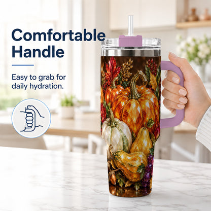 #pl[40oz|Pink] Pumpkin 40oz Tumbler with Handle, Jeweled Stainless Steel Travel Cup