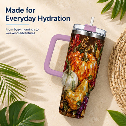 #pl[40oz|Pink] Pumpkin 40oz Tumbler with Handle, Jeweled Stainless Steel Travel Cup