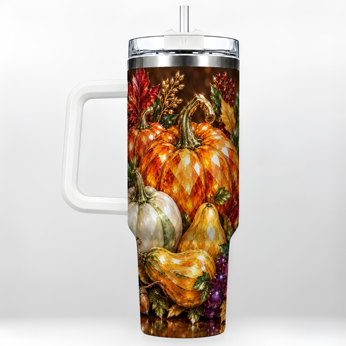 Pumpkin 40oz Tumbler with Handle, Jeweled Stainless Steel Travel Cup