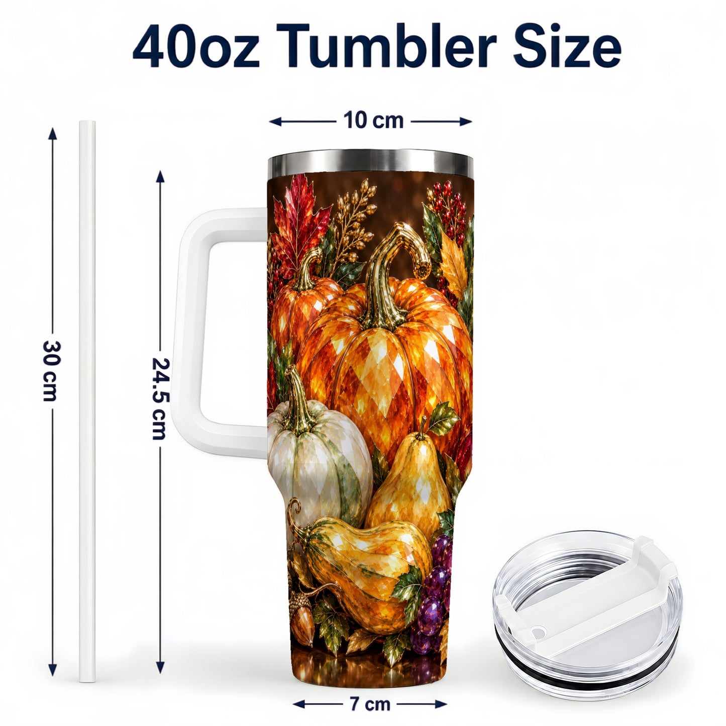 #pl[40oz|White] Pumpkin 40oz Tumbler with Handle, Jeweled Stainless Steel Travel Cup