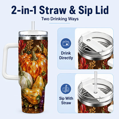 #pl[40oz|White] Pumpkin 40oz Tumbler with Handle, Jeweled Stainless Steel Travel Cup