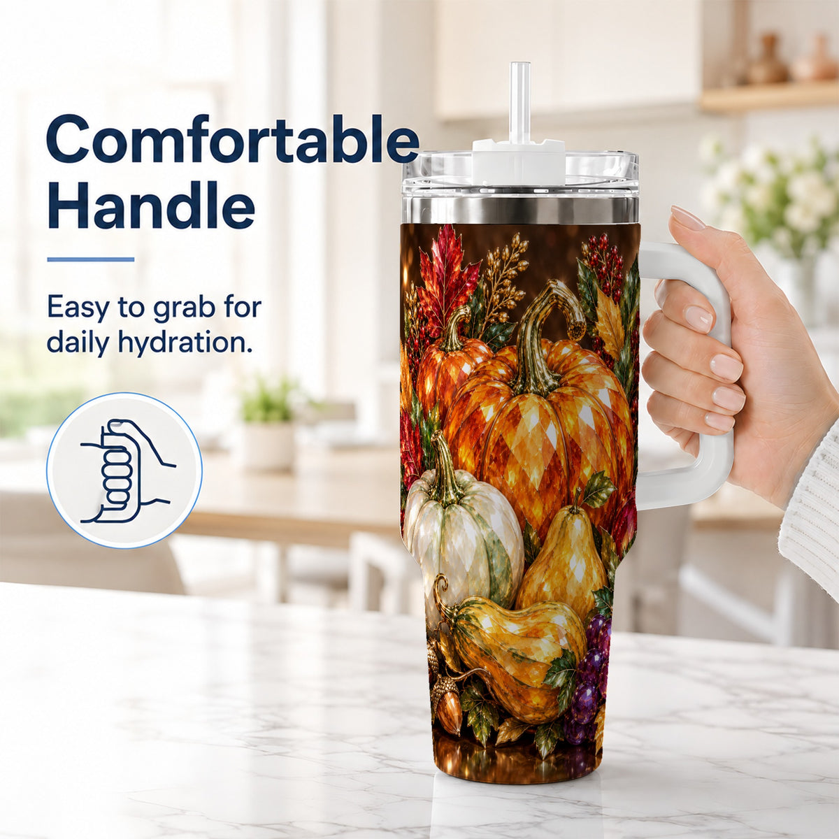 #pl[40oz|White] Pumpkin 40oz Tumbler with Handle, Jeweled Stainless Steel Travel Cup