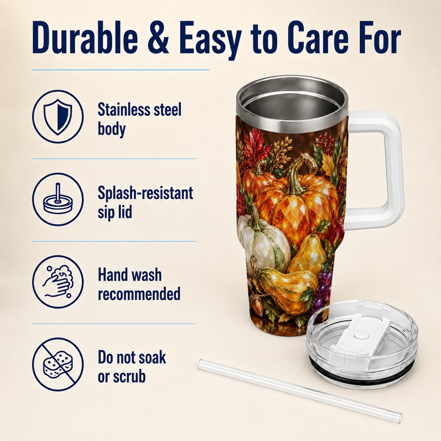 #pl[40oz|White] Pumpkin 40oz Tumbler with Handle, Jeweled Stainless Steel Travel Cup