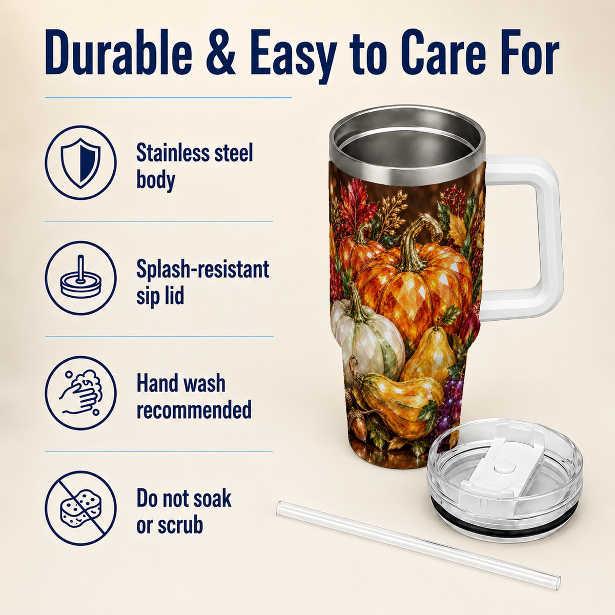 #pl[40oz|White] Pumpkin 40oz Tumbler with Handle, Jeweled Stainless Steel Travel Cup