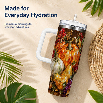 #pl[40oz|White] Pumpkin 40oz Tumbler with Handle, Jeweled Stainless Steel Travel Cup