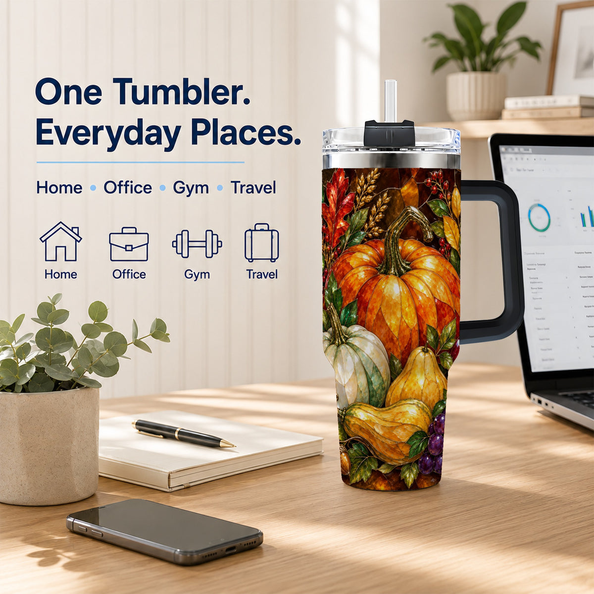 #pl[40oz|Black] Autumn Harvest 40oz Tumbler with Handle, Pumpkin Stainless Steel Travel Cup