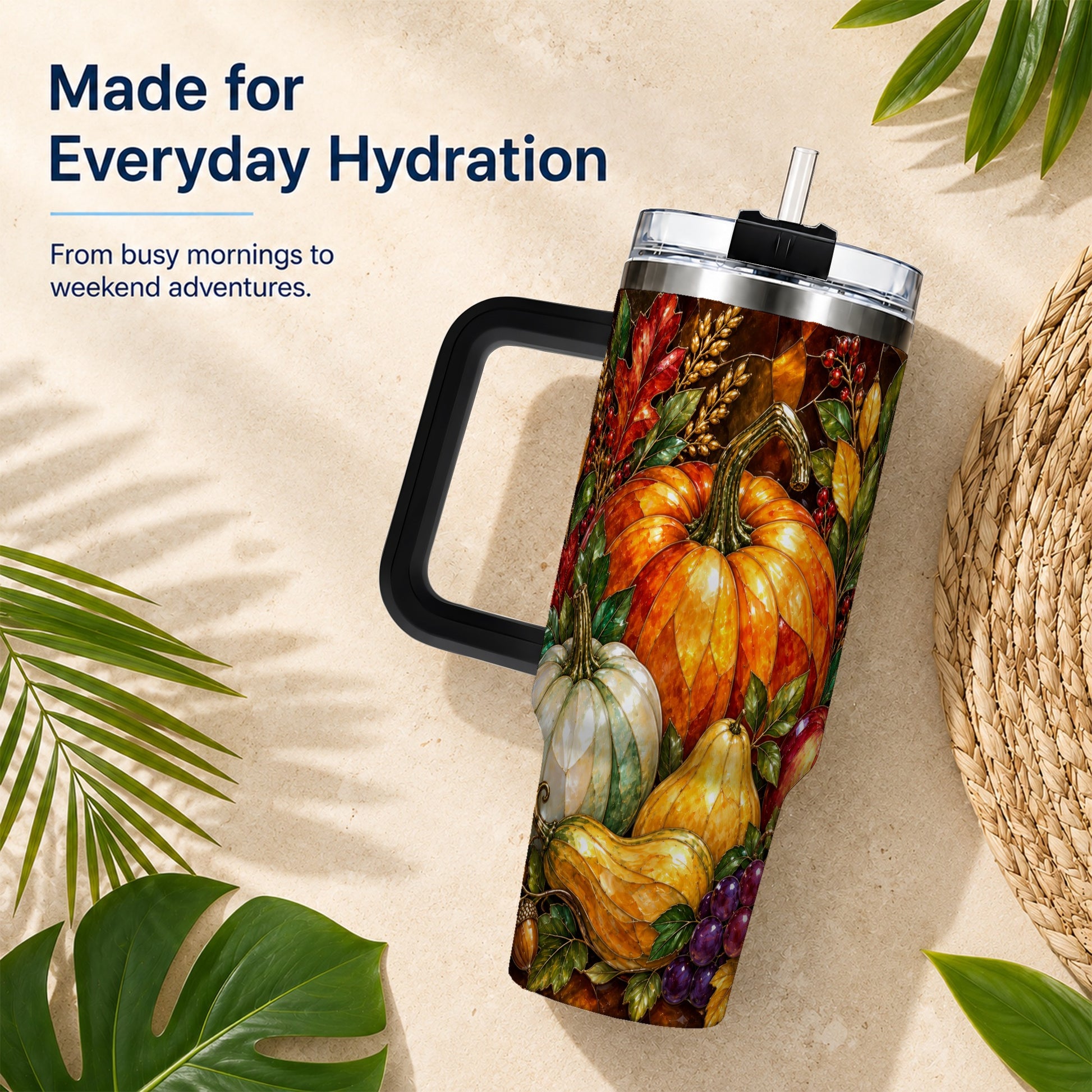 #pl[40oz|Black] Autumn Harvest 40oz Tumbler with Handle, Pumpkin Stainless Steel Travel Cup