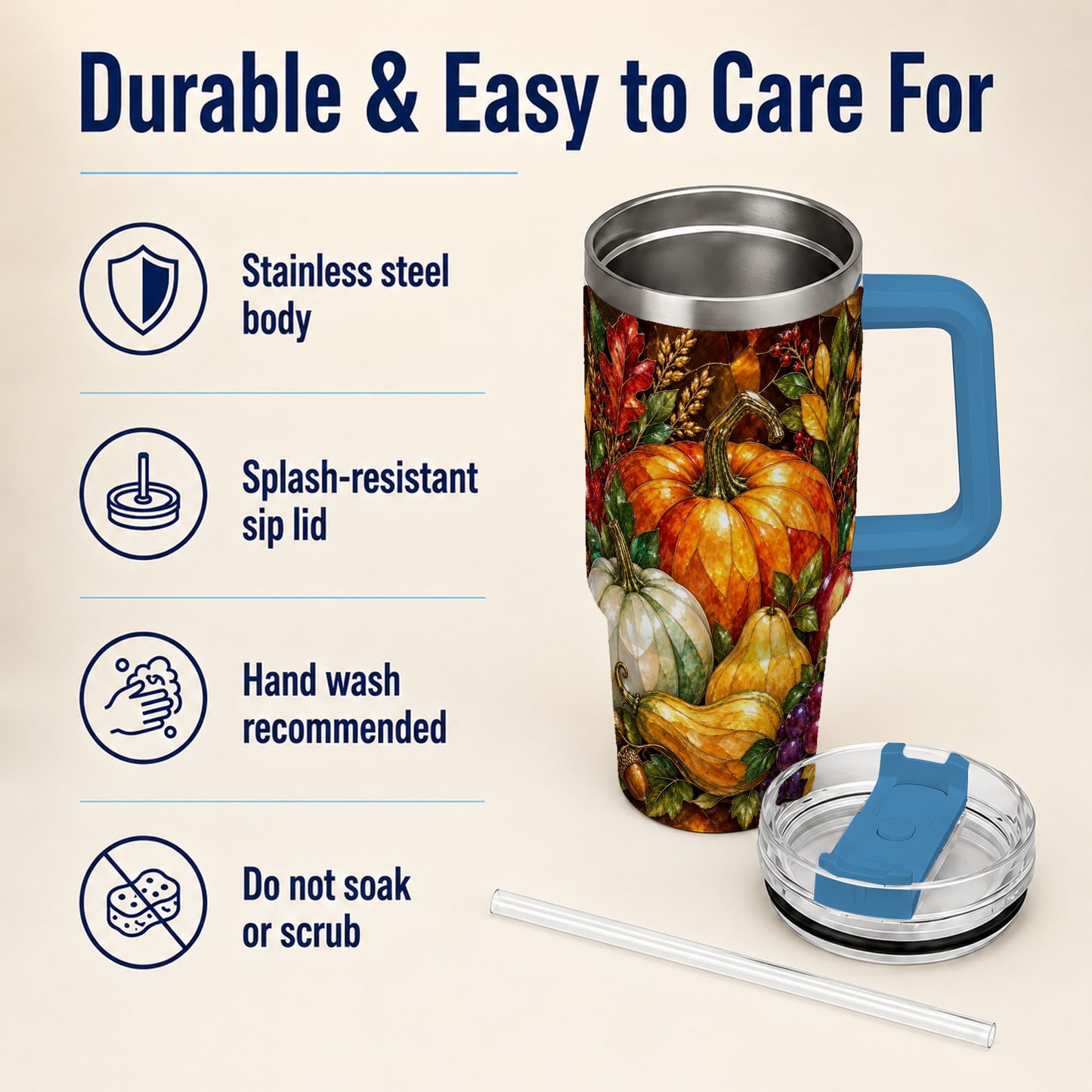 #pl[40oz|Blue] Autumn Harvest 40oz Tumbler with Handle, Pumpkin Stainless Steel Travel Cup