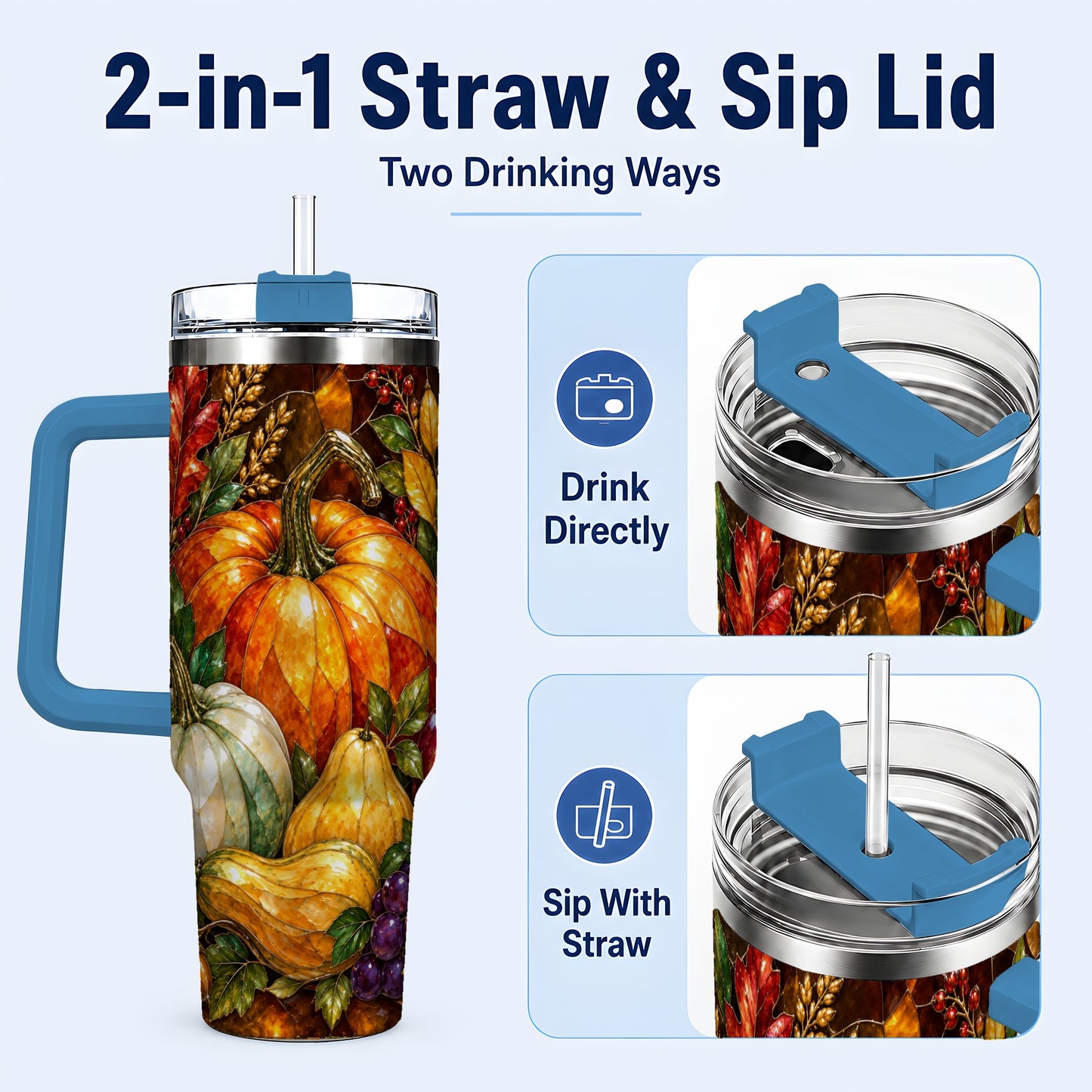 #pl[40oz|Blue] Autumn Harvest 40oz Tumbler with Handle, Pumpkin Stainless Steel Travel Cup