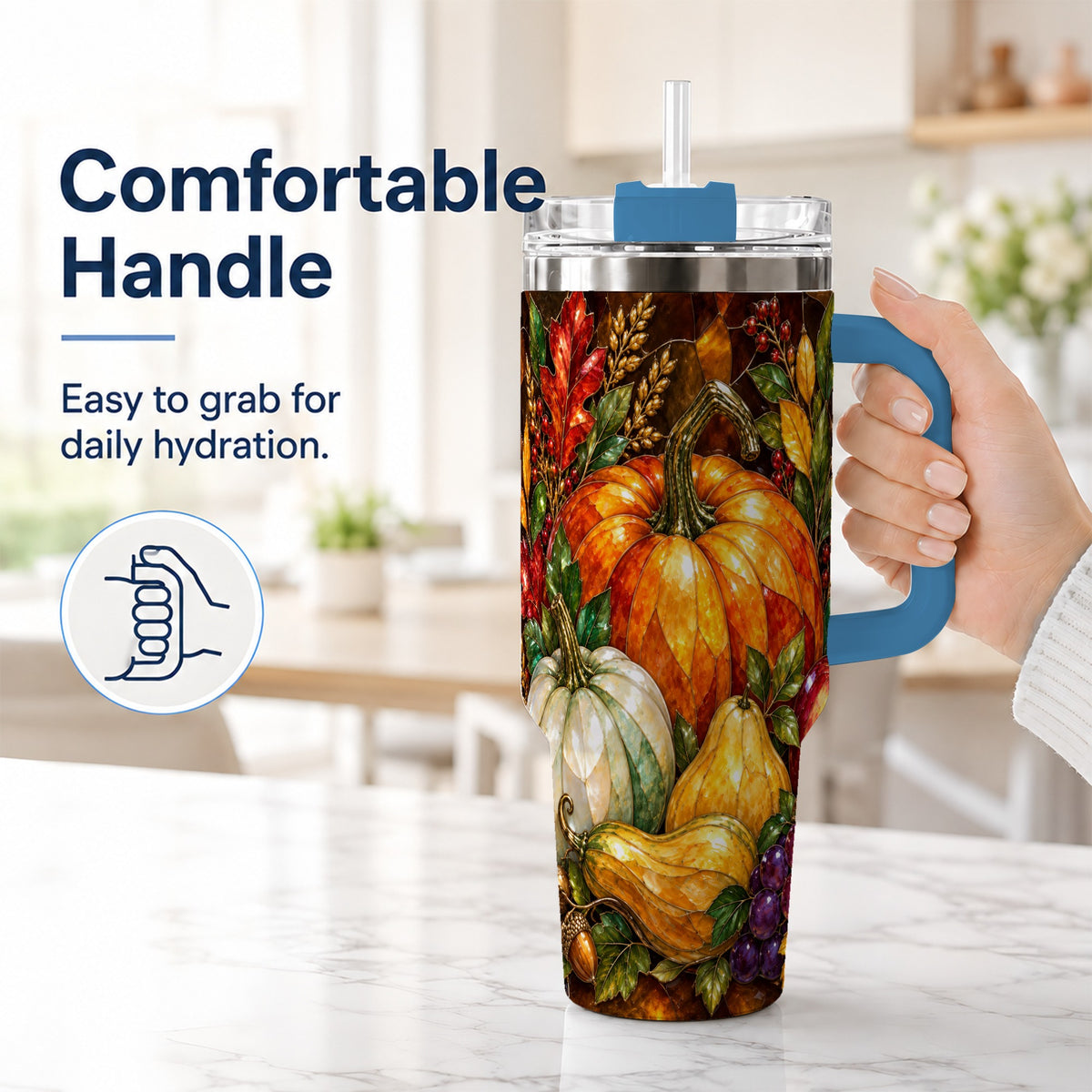 #pl[40oz|Blue] Autumn Harvest 40oz Tumbler with Handle, Pumpkin Stainless Steel Travel Cup