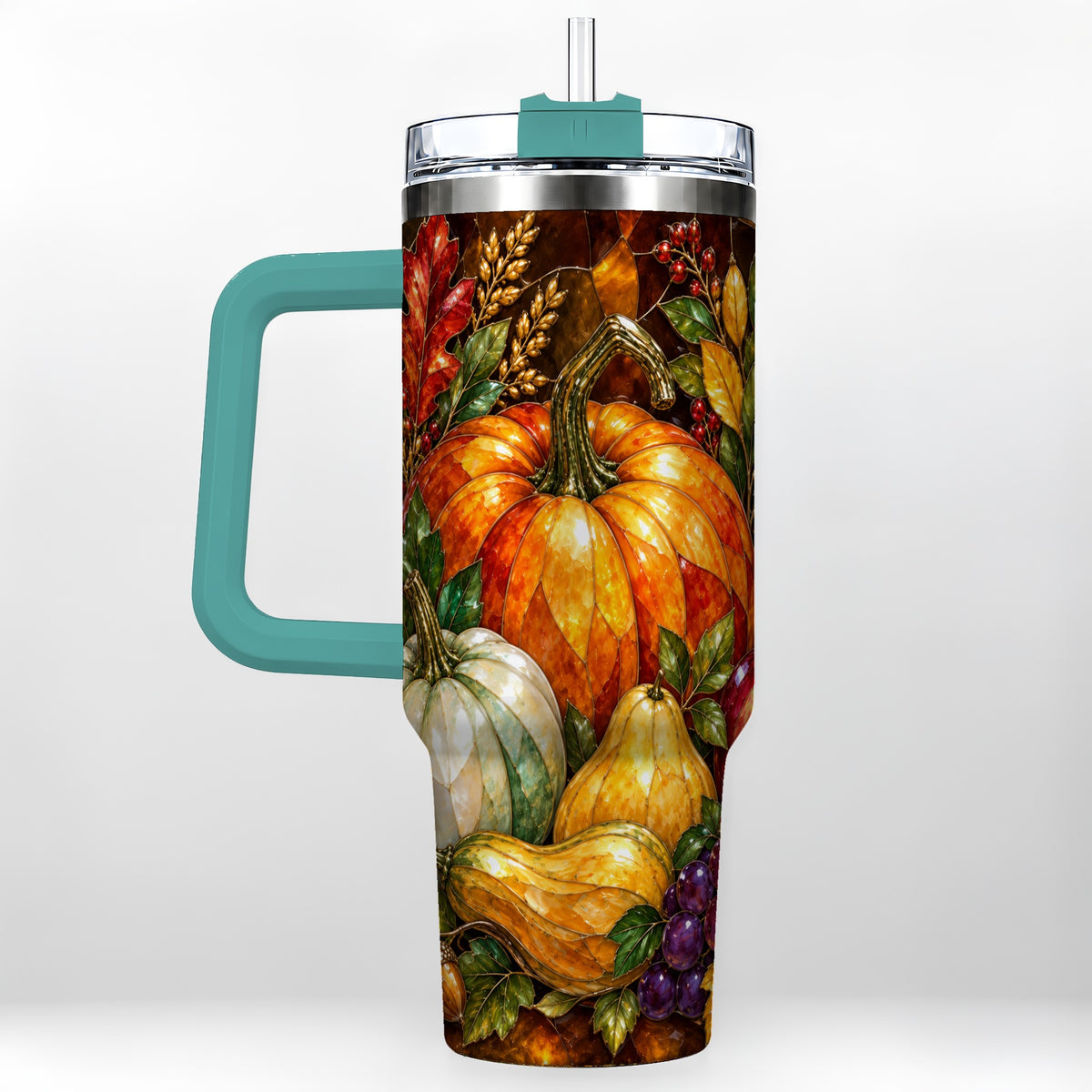 #pl[40oz|Green] Autumn Harvest 40oz Tumbler with Handle, Pumpkin Stainless Steel Travel Cup
