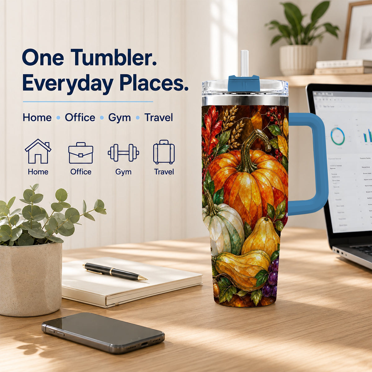 #pl[40oz|Blue] Autumn Harvest 40oz Tumbler with Handle, Pumpkin Stainless Steel Travel Cup