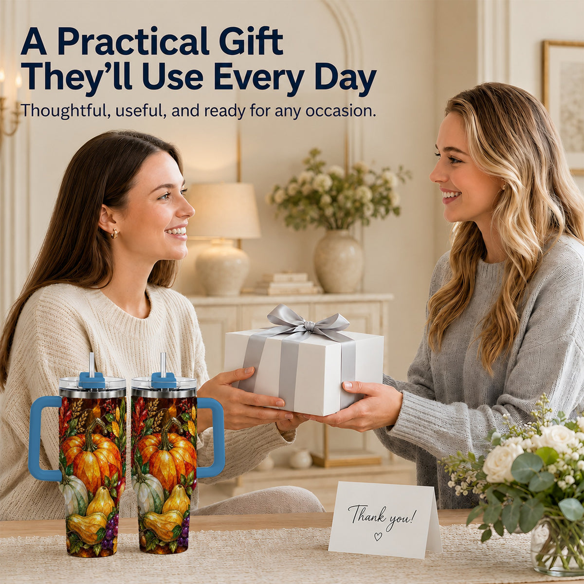 #pl[40oz|Blue] Autumn Harvest 40oz Tumbler with Handle, Pumpkin Stainless Steel Travel Cup