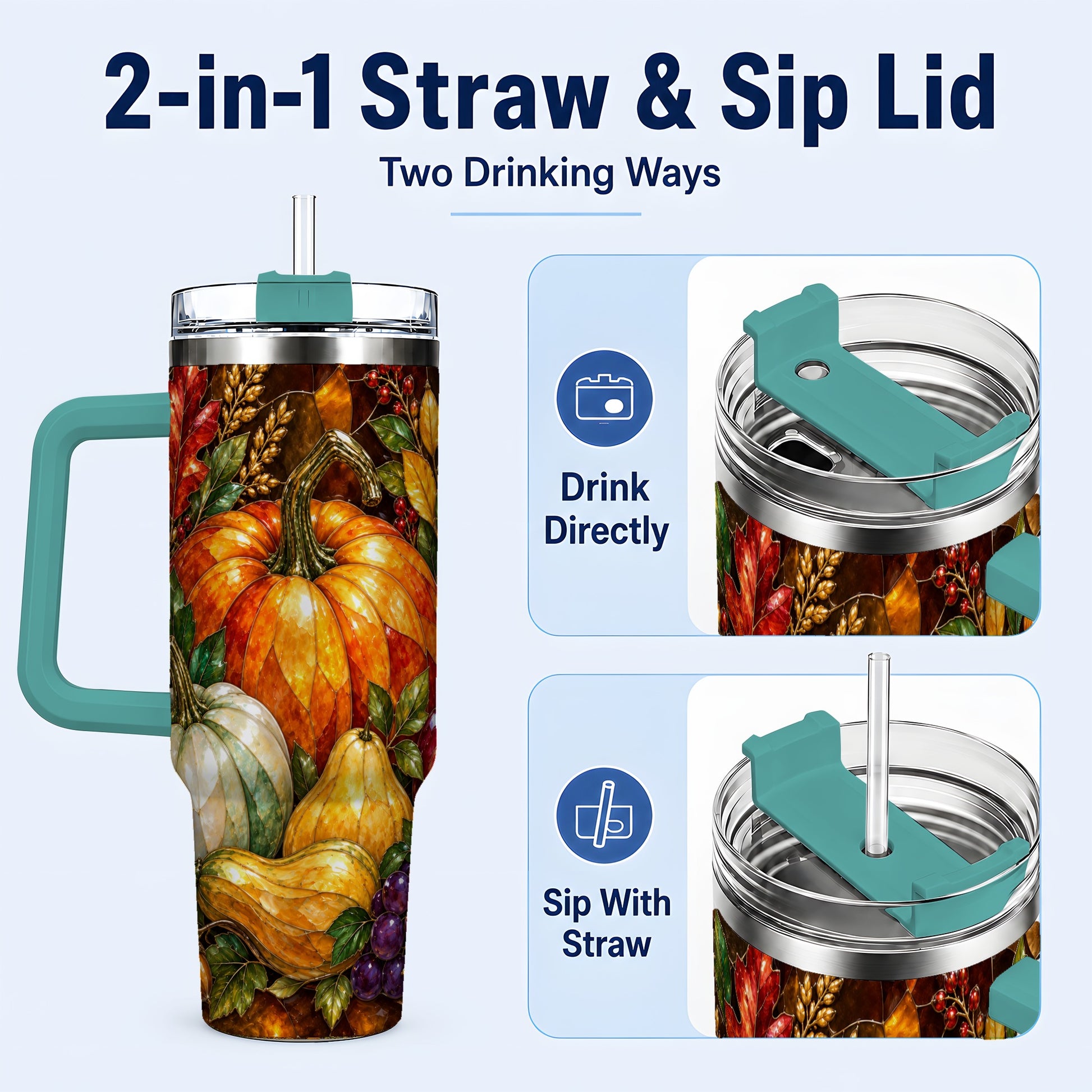 #pl[40oz|Green] Autumn Harvest 40oz Tumbler with Handle, Pumpkin Stainless Steel Travel Cup