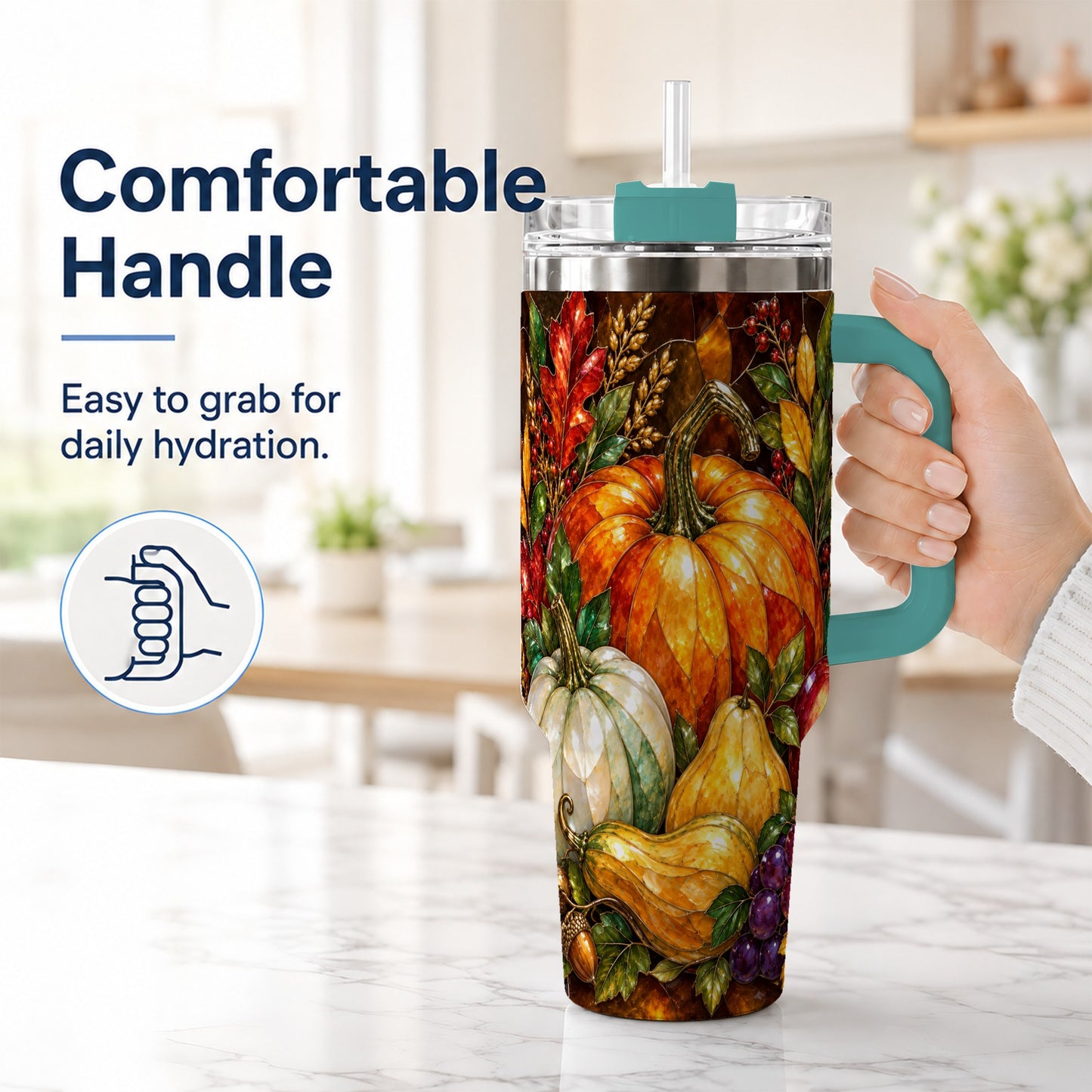 #pl[40oz|Green] Autumn Harvest 40oz Tumbler with Handle, Pumpkin Stainless Steel Travel Cup