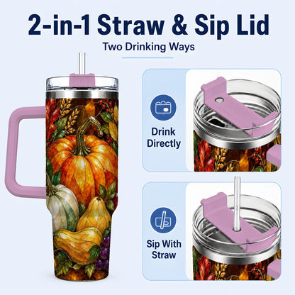 #pl[40oz|Pink] Autumn Harvest 40oz Tumbler with Handle, Pumpkin Stainless Steel Travel Cup