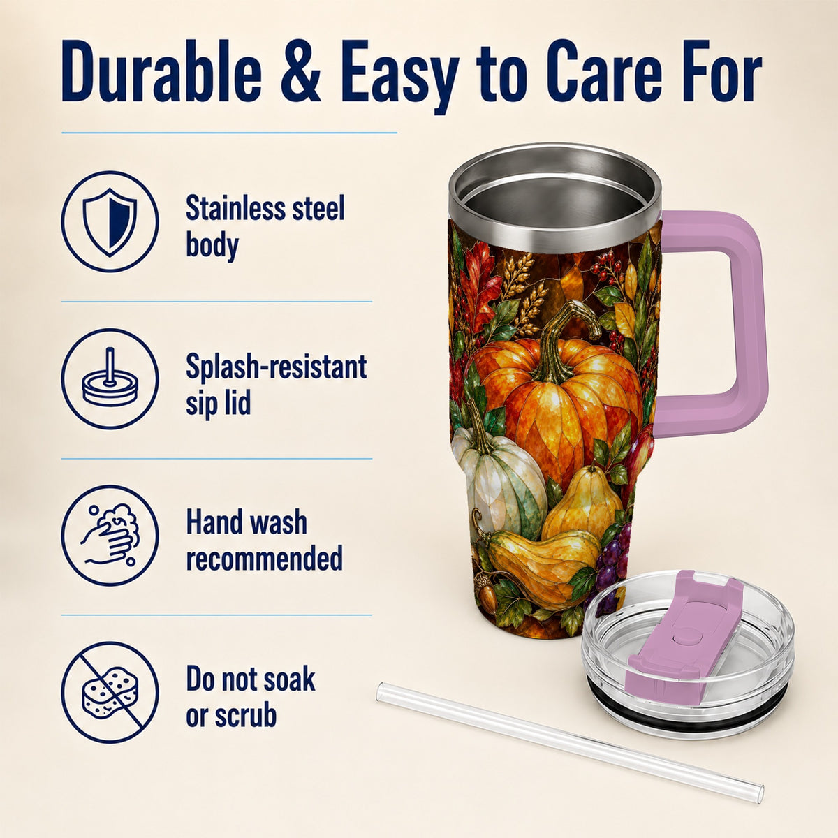 #pl[40oz|Pink] Autumn Harvest 40oz Tumbler with Handle, Pumpkin Stainless Steel Travel Cup