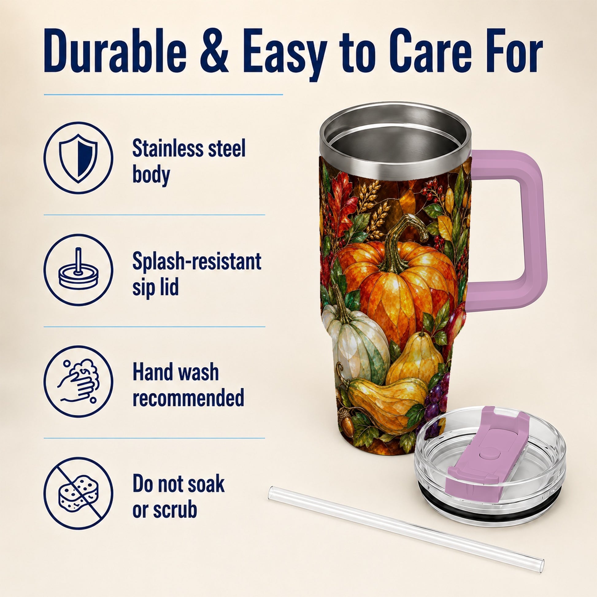 #pl[40oz|Pink] Autumn Harvest 40oz Tumbler with Handle, Pumpkin Stainless Steel Travel Cup