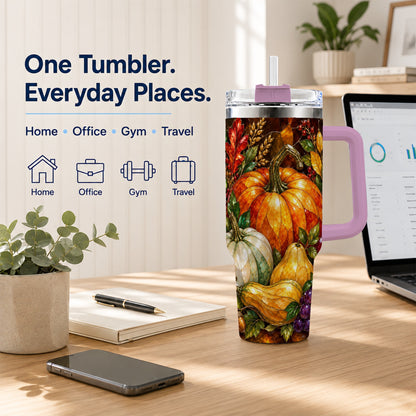 #pl[40oz|Pink] Autumn Harvest 40oz Tumbler with Handle, Pumpkin Stainless Steel Travel Cup
