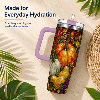 #pl[40oz|Pink] Autumn Harvest 40oz Tumbler with Handle, Pumpkin Stainless Steel Travel Cup