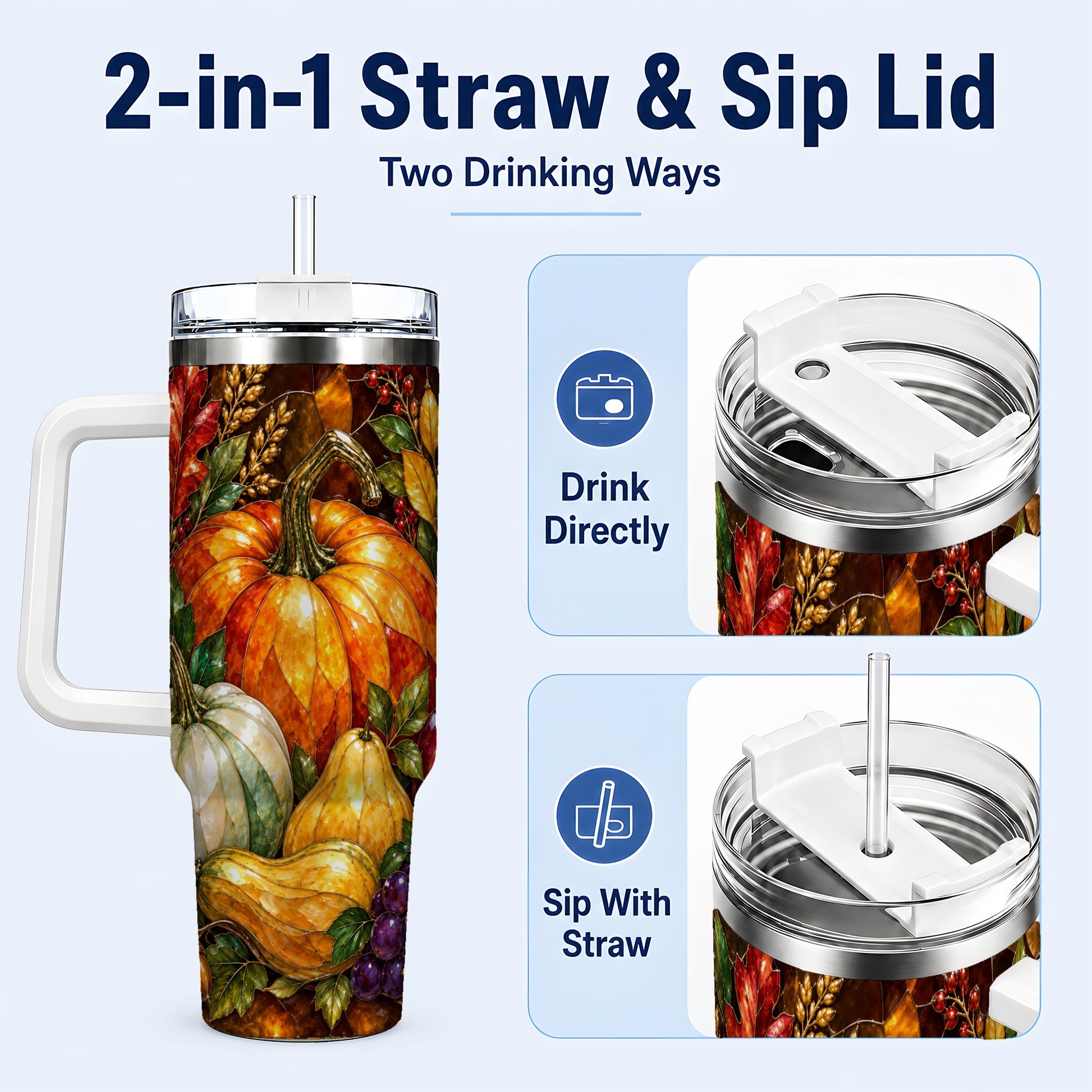 #pl[40oz|White] Autumn Harvest 40oz Tumbler with Handle, Pumpkin Stainless Steel Travel Cup