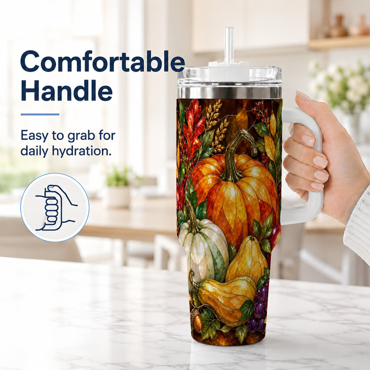 #pl[40oz|White] Autumn Harvest 40oz Tumbler with Handle, Pumpkin Stainless Steel Travel Cup