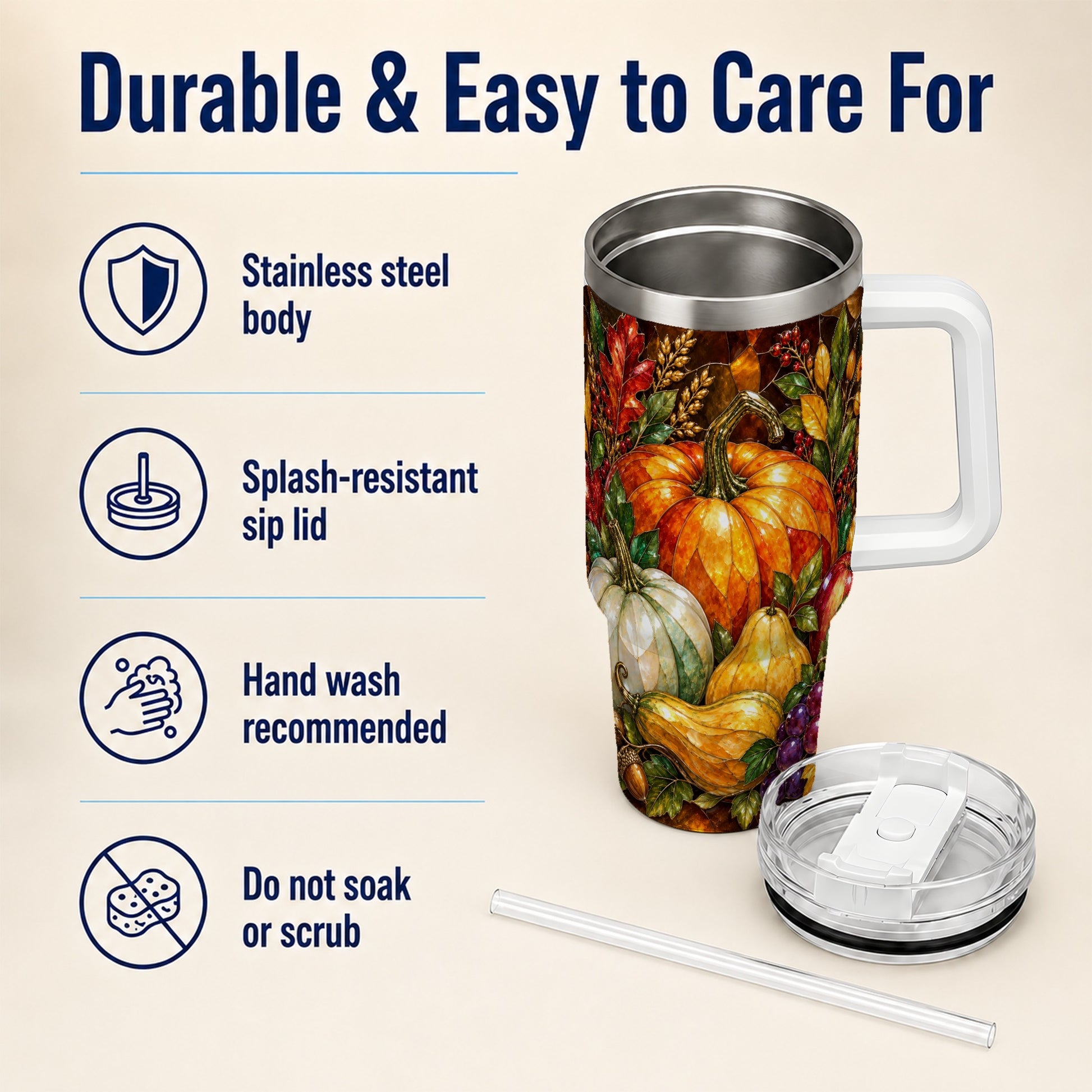 #pl[40oz|White] Autumn Harvest 40oz Tumbler with Handle, Pumpkin Stainless Steel Travel Cup