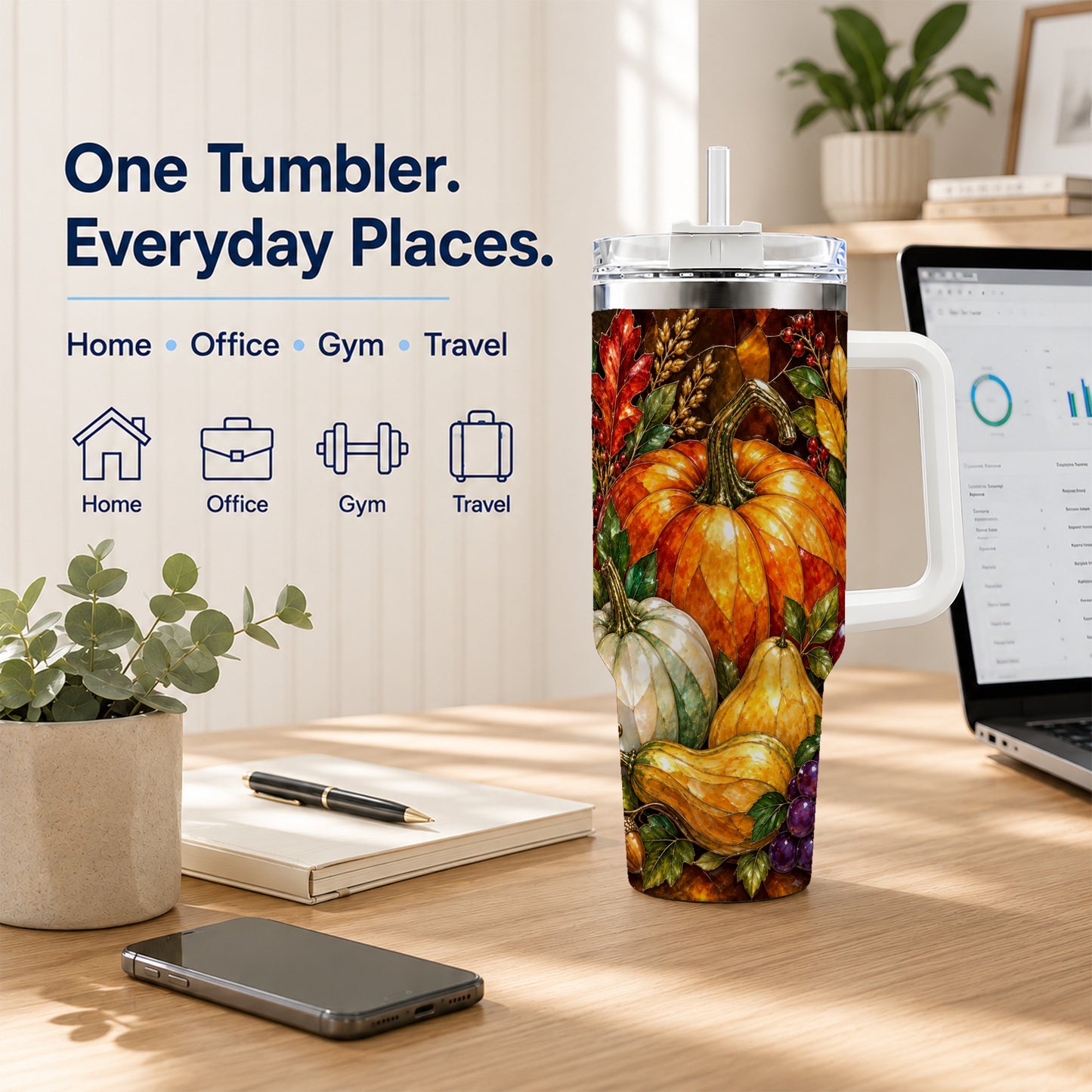 #pl[40oz|White] Autumn Harvest 40oz Tumbler with Handle, Pumpkin Stainless Steel Travel Cup