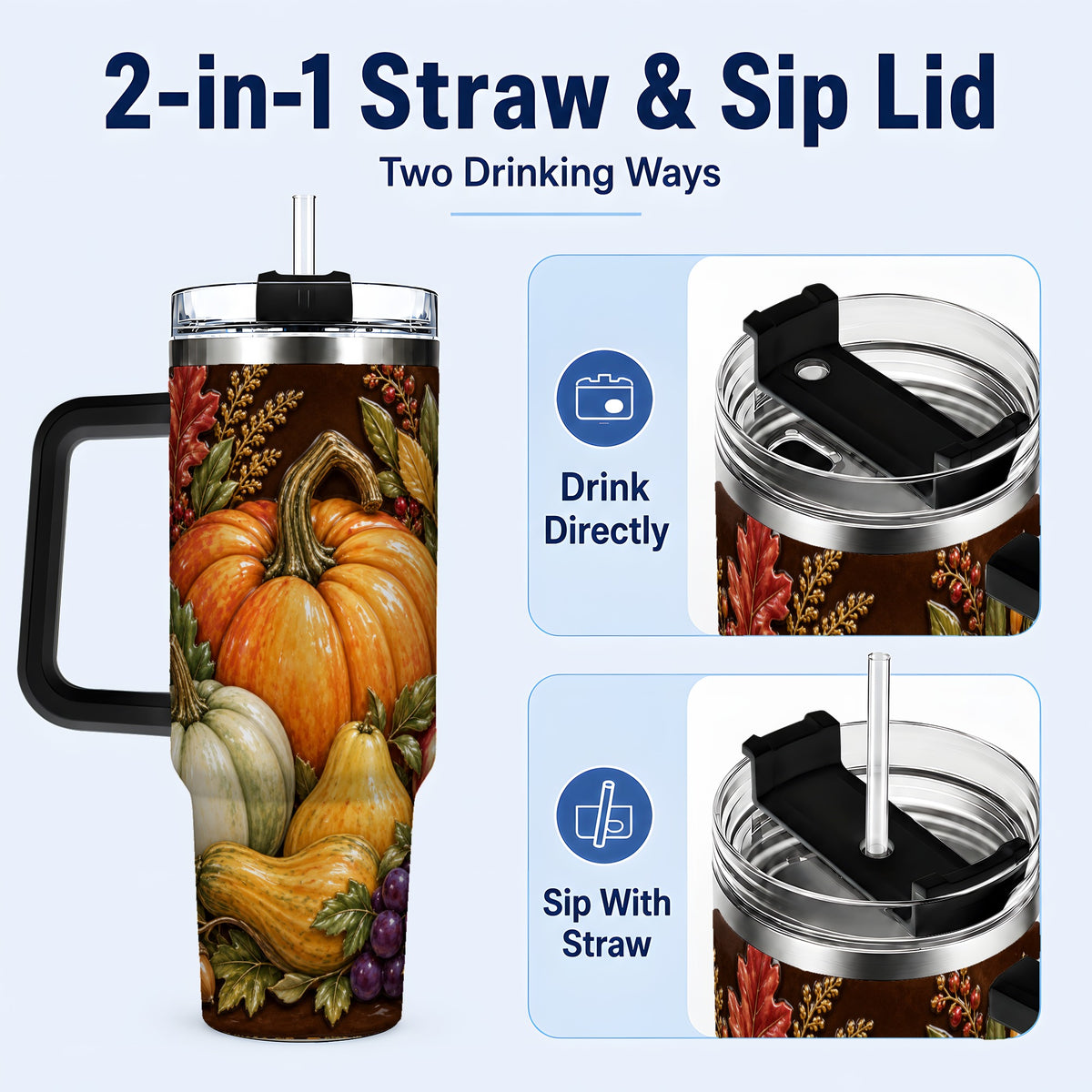 #pl[40oz|Black] Fall Harvest 40oz Tumbler with Handle, Pumpkin Stainless Steel Travel Cup