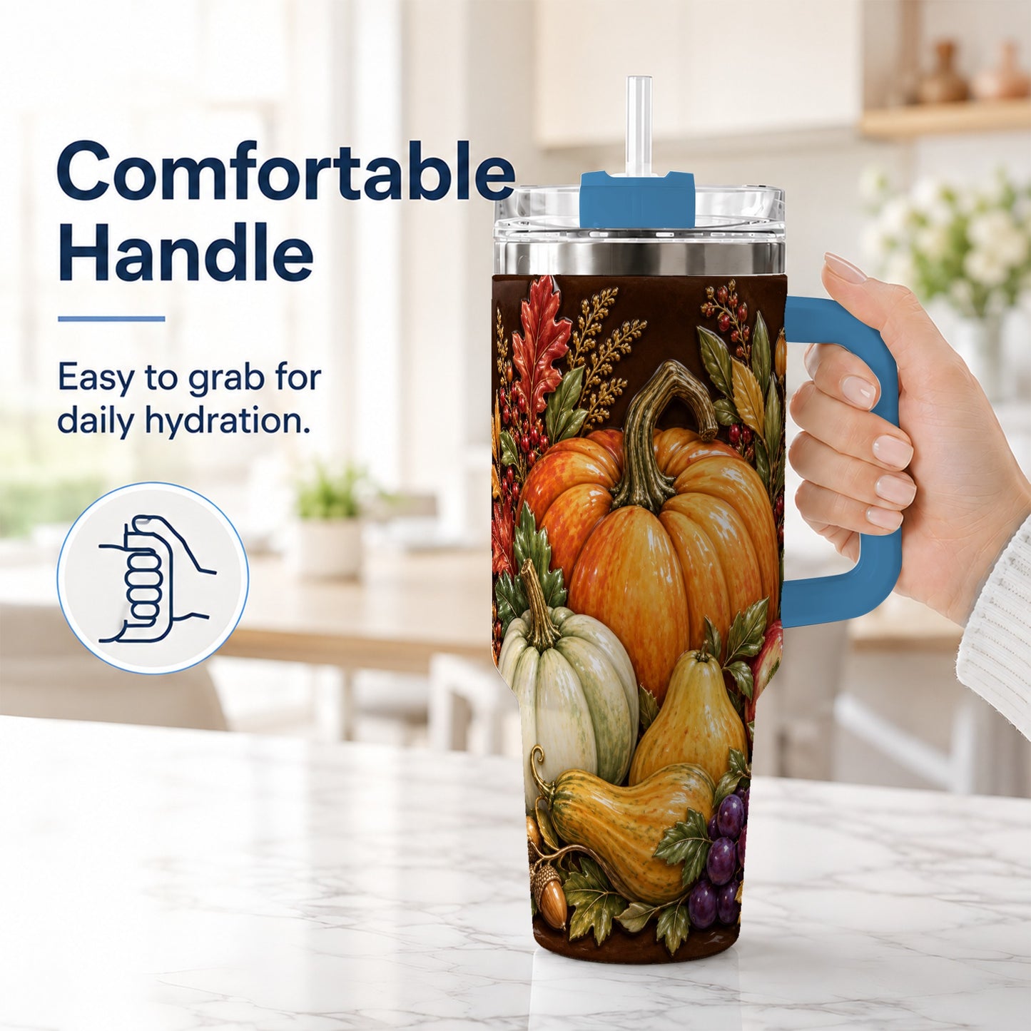 #pl[40oz|Blue] Fall Harvest 40oz Tumbler with Handle, Pumpkin Stainless Steel Travel Cup