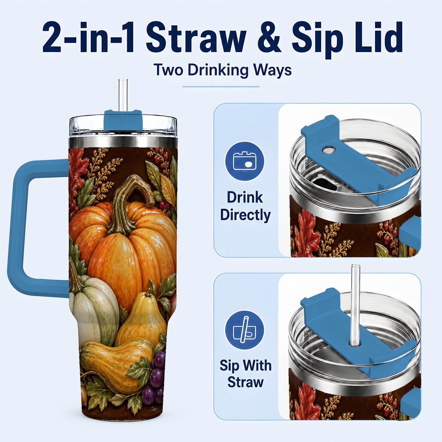 #pl[40oz|Blue] Fall Harvest 40oz Tumbler with Handle, Pumpkin Stainless Steel Travel Cup