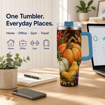 #pl[40oz|Blue] Fall Harvest 40oz Tumbler with Handle, Pumpkin Stainless Steel Travel Cup