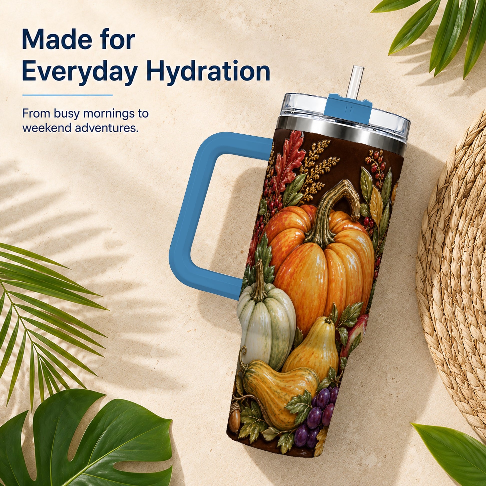 #pl[40oz|Blue] Fall Harvest 40oz Tumbler with Handle, Pumpkin Stainless Steel Travel Cup
