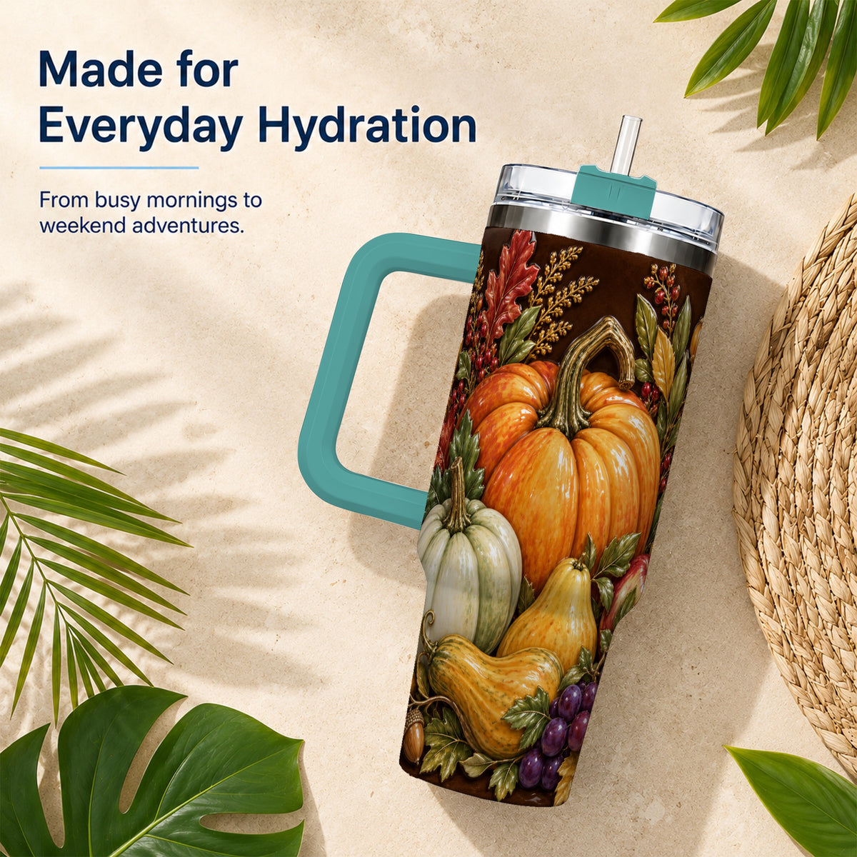 #pl[40oz|Green] Fall Harvest 40oz Tumbler with Handle, Pumpkin Stainless Steel Travel Cup
