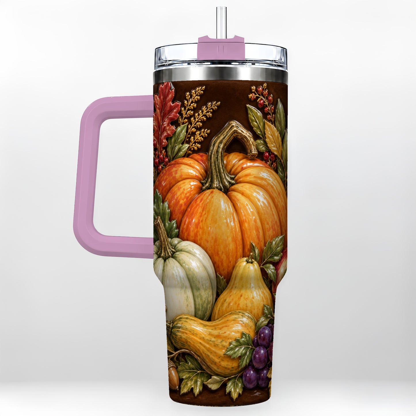 #pl[40oz|Pink] Fall Harvest 40oz Tumbler with Handle, Pumpkin Stainless Steel Travel Cup