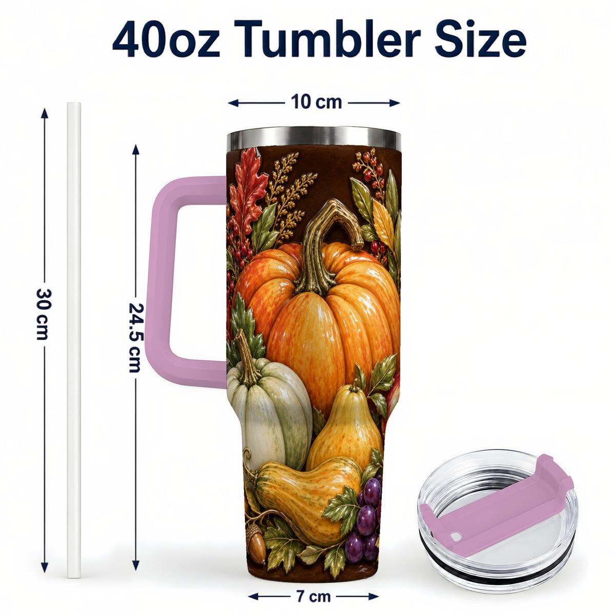 #pl[40oz|Pink] Fall Harvest 40oz Tumbler with Handle, Pumpkin Stainless Steel Travel Cup