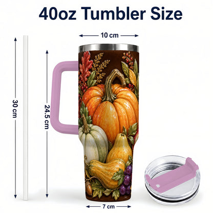 #pl[40oz|Pink] Fall Harvest 40oz Tumbler with Handle, Pumpkin Stainless Steel Travel Cup