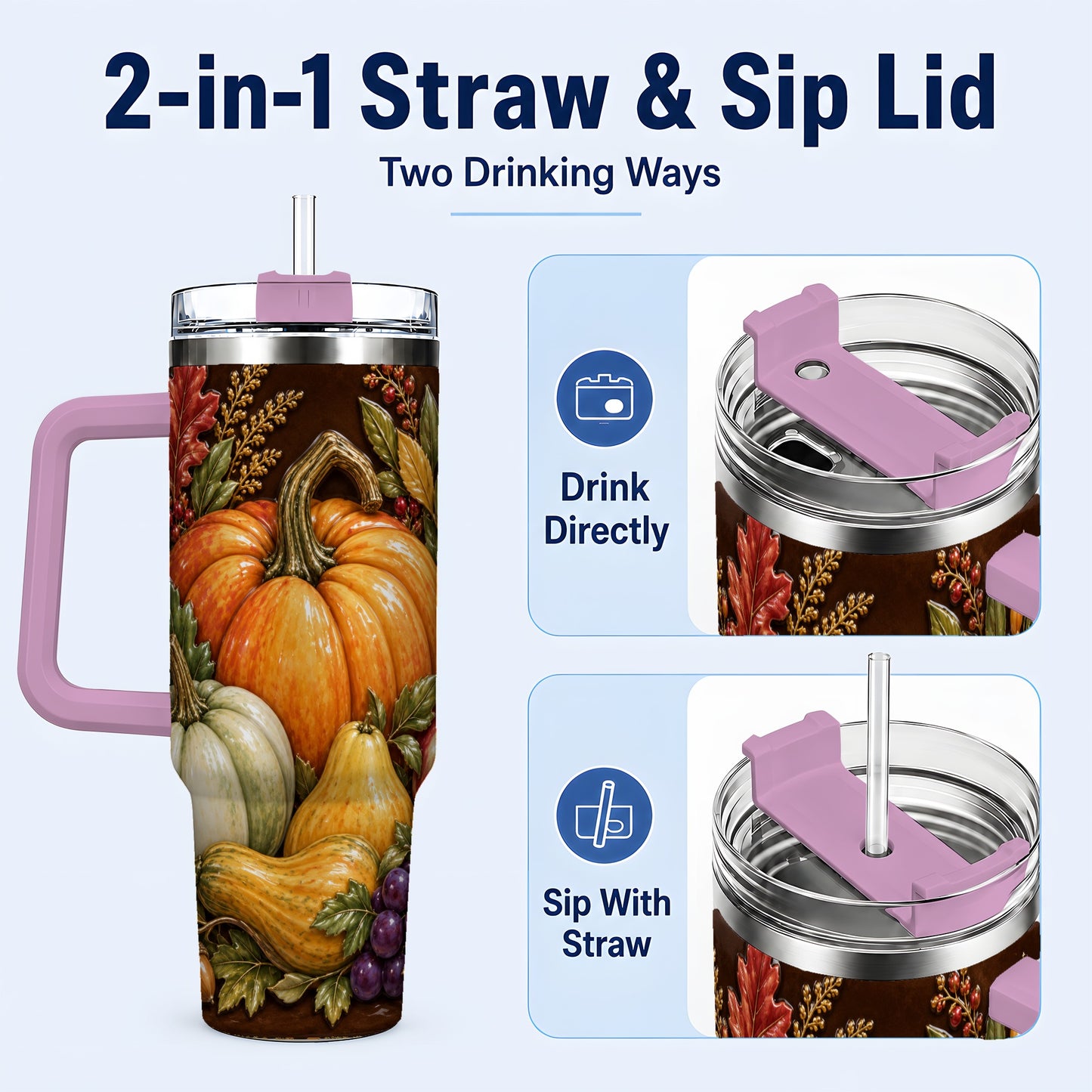 #pl[40oz|Pink] Fall Harvest 40oz Tumbler with Handle, Pumpkin Stainless Steel Travel Cup