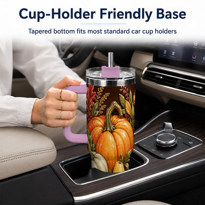 #pl[40oz|Pink] Fall Harvest 40oz Tumbler with Handle, Pumpkin Stainless Steel Travel Cup