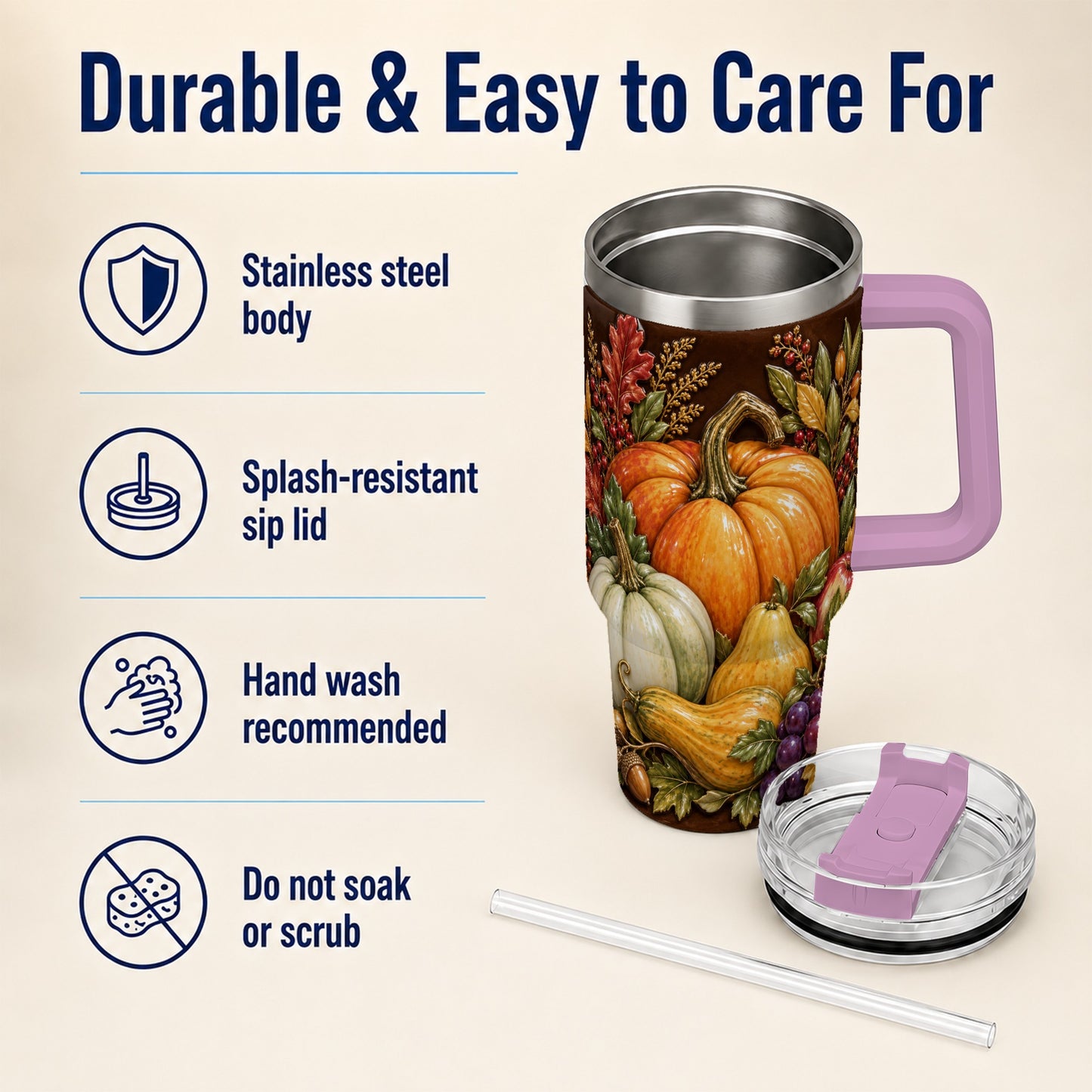 #pl[40oz|Pink] Fall Harvest 40oz Tumbler with Handle, Pumpkin Stainless Steel Travel Cup