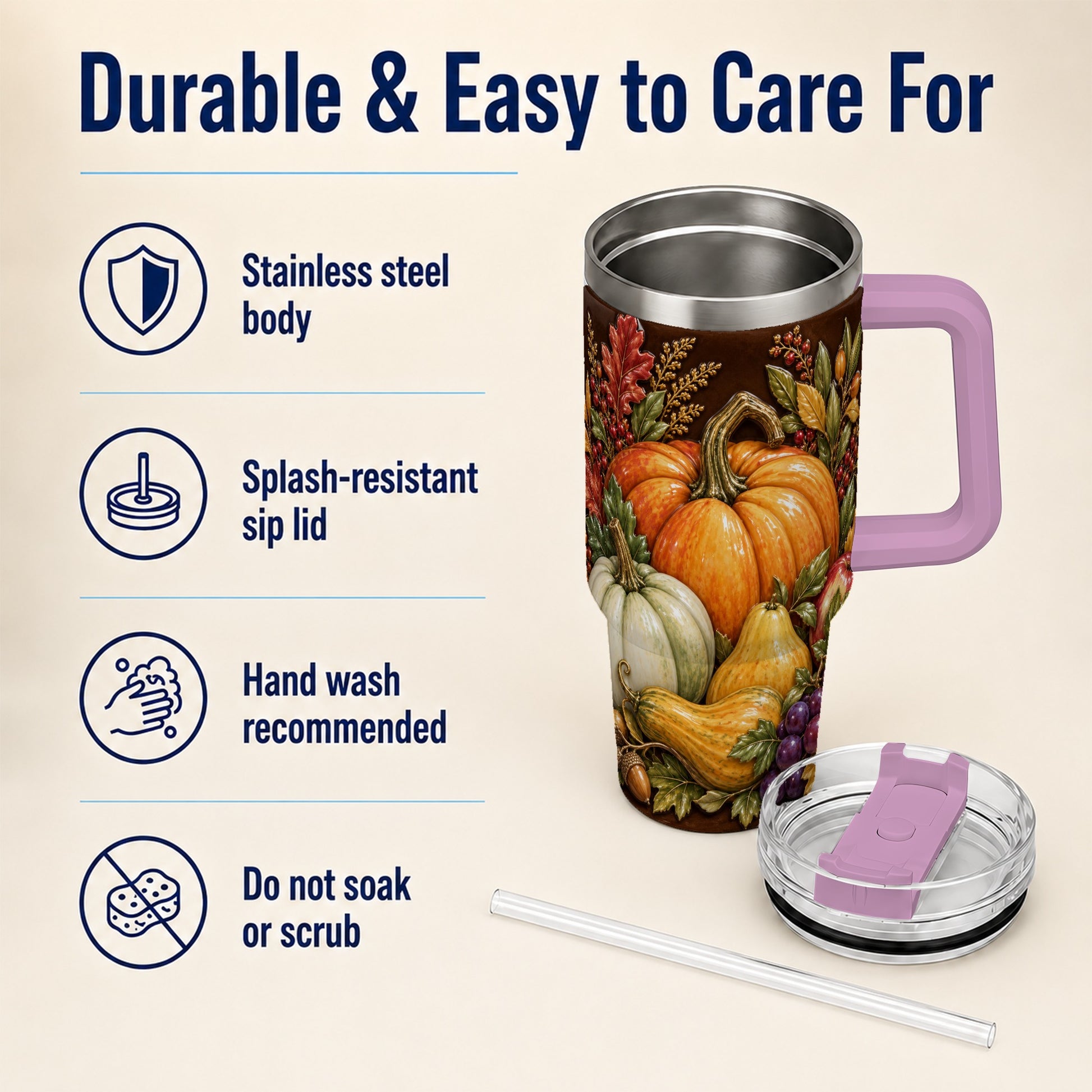 #pl[40oz|Pink] Fall Harvest 40oz Tumbler with Handle, Pumpkin Stainless Steel Travel Cup