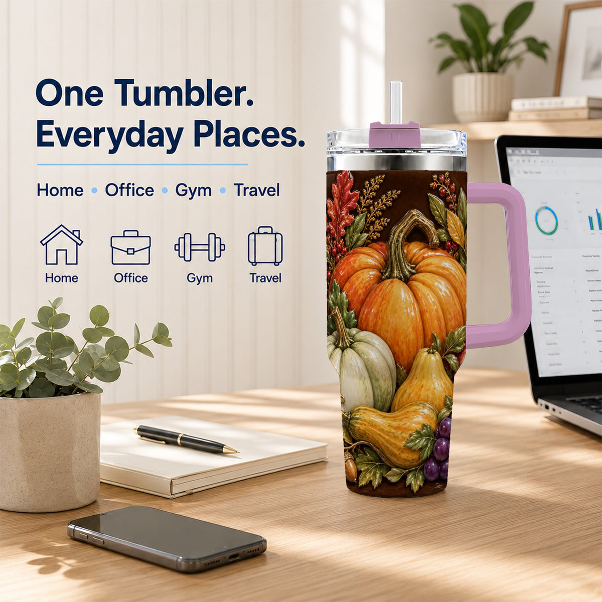 #pl[40oz|Pink] Fall Harvest 40oz Tumbler with Handle, Pumpkin Stainless Steel Travel Cup