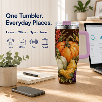 #pl[40oz|Pink] Fall Harvest 40oz Tumbler with Handle, Pumpkin Stainless Steel Travel Cup