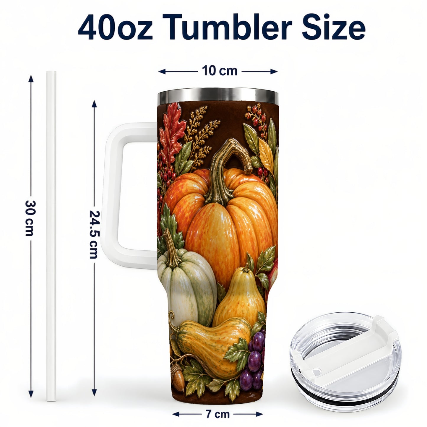 #pl[40oz|White] Fall Harvest 40oz Tumbler with Handle, Pumpkin Stainless Steel Travel Cup