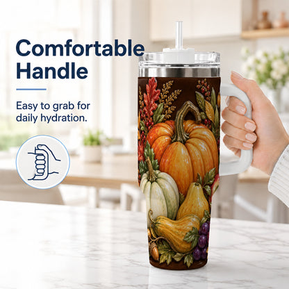 #pl[40oz|White] Fall Harvest 40oz Tumbler with Handle, Pumpkin Stainless Steel Travel Cup
