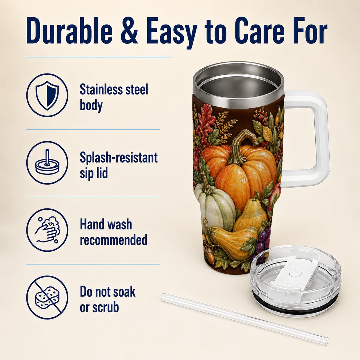 #pl[40oz|White] Fall Harvest 40oz Tumbler with Handle, Pumpkin Stainless Steel Travel Cup