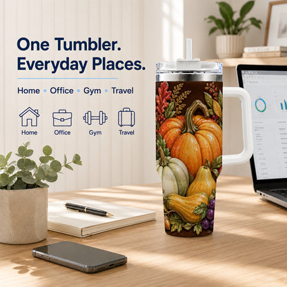 #pl[40oz|White] Fall Harvest 40oz Tumbler with Handle, Pumpkin Stainless Steel Travel Cup