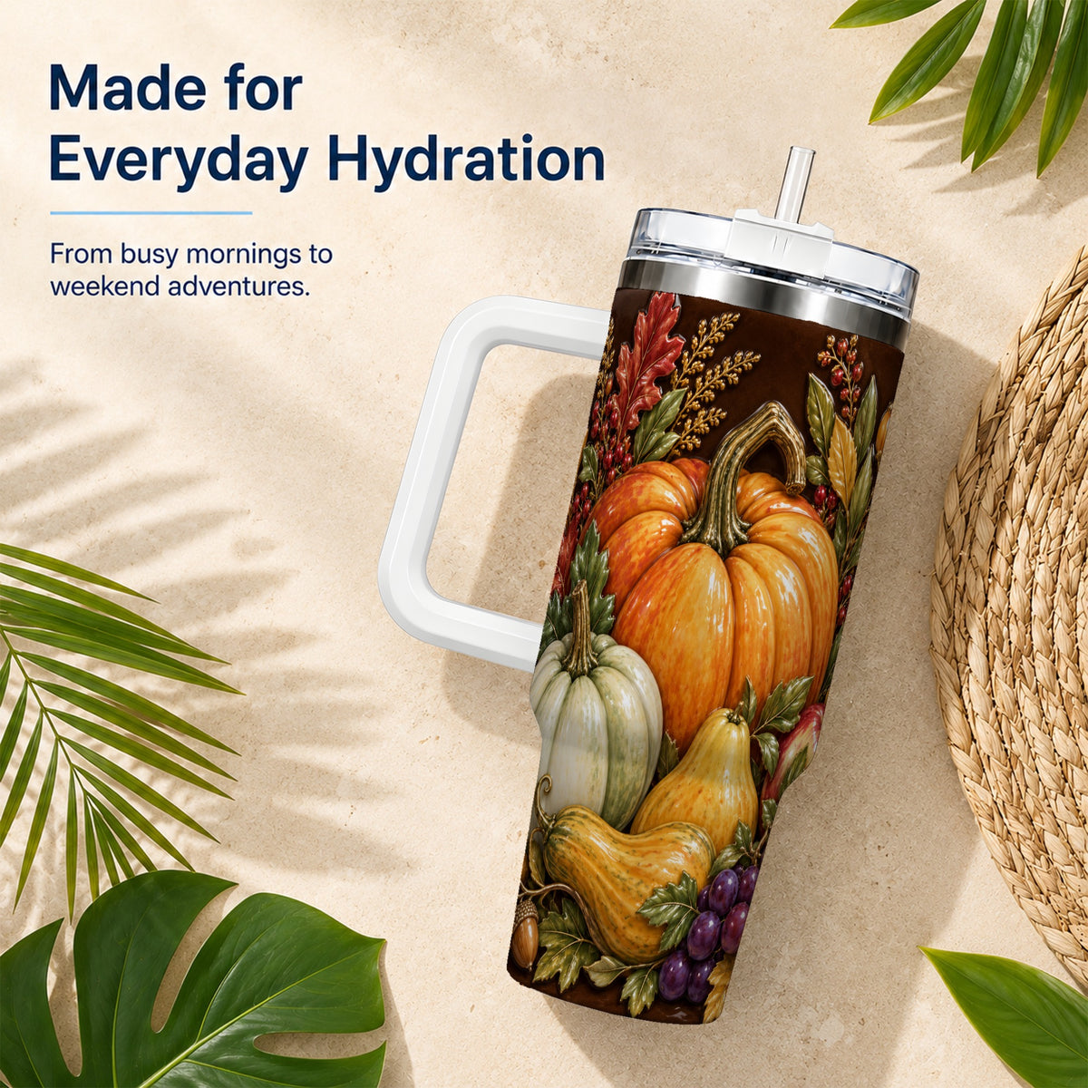 #pl[40oz|White] Fall Harvest 40oz Tumbler with Handle, Pumpkin Stainless Steel Travel Cup