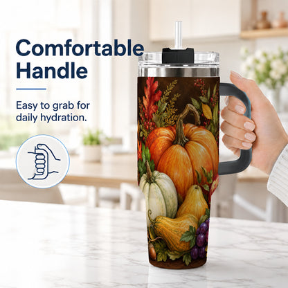 #pl[40oz|Black] Rustic Harvest 40oz Tumbler with Handle, Pumpkin Stainless Steel Travel Cup